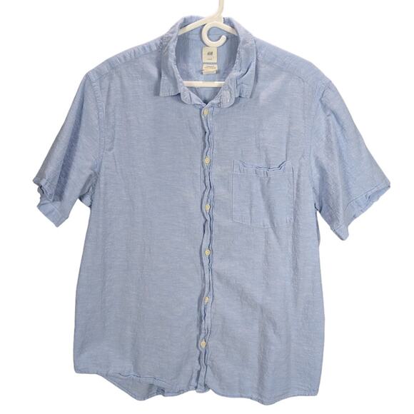 H&M Linen shirt Mens Extra Large Baby Blue Button Front Coastal Beachy Preppy - Picture 1 of 7